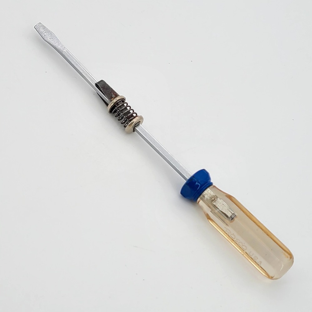 Vintage Rosco USA Clear Flathead Screwdriver 6" w/ Spring Loaded Screw Holder